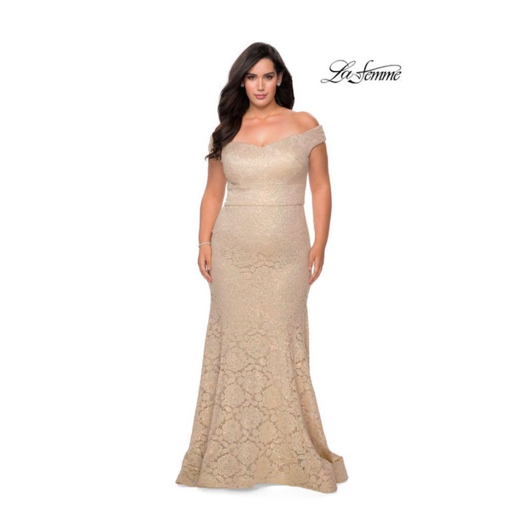 NEW La Femme Curve 28883 Nude Beaded Lace Off The Shoulder Maxi Gown Dress 18W